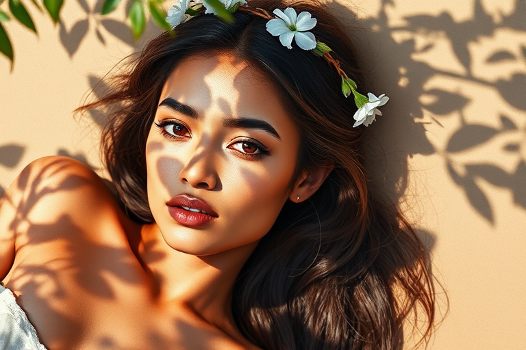 create a watercolor painting of an ethereal portrait of beautiful Guarani woman with a simple white flower crown on her head. Her hair is long and she is lying on the ground. The sunlight on the trees casts shadows from the leaves on her face and body. The background is a neutral brown color that matches her skin tone. The image is minimalist and solid colors. This style is characterized by soft, delicate brushstrokes and a light, airy, contrasting color palette. High level of detail and play of light
