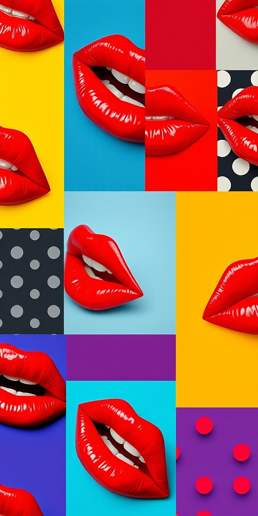 Create a vibrant collage featuring bold colors and patterns with a focus on shiny red lips and a playful graphic style, shot with a Canon EOS R5 at f/2.8, ISO 100, and a wide-angle lens from a slightly overhead angle to capture the entire composition clearly.