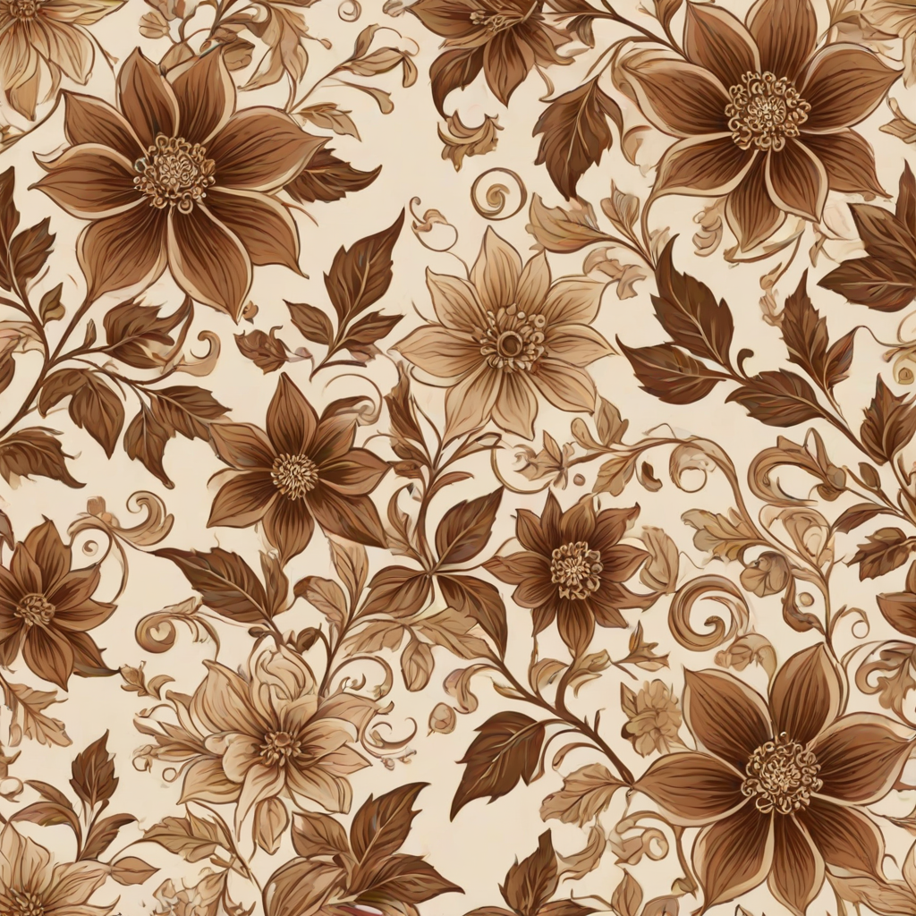 Create a seamless floral pattern featuring large brown and beige flowers with intricate designs, accompanied by smaller flowers and gentle vines on a light beige background.