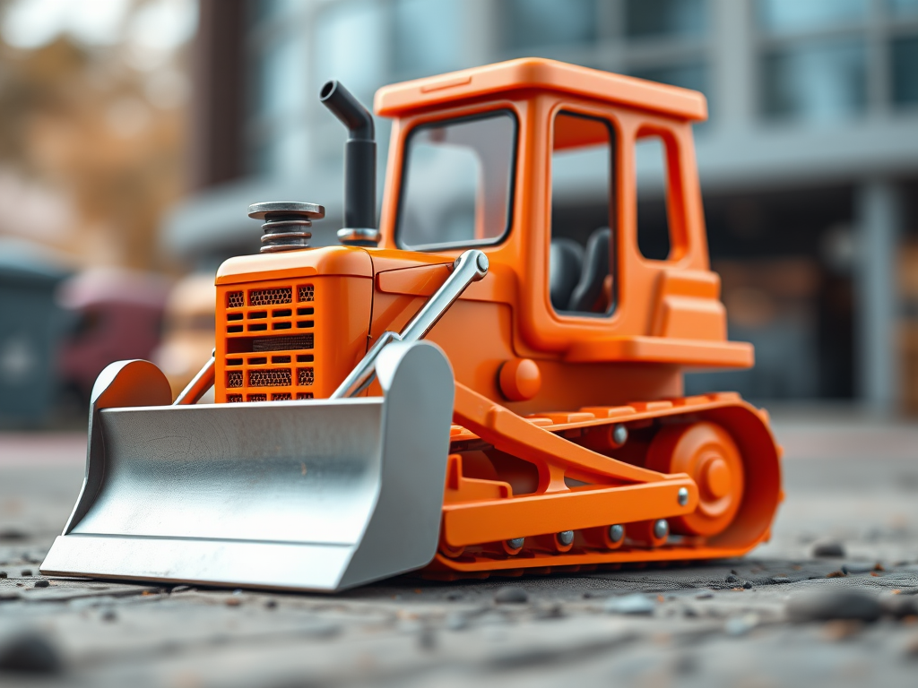 create a high-resolution, 3D-rendered image of a cartoon bulldozer with a bright orange body and a silver blade, captured from a low angle using a DSLR camera, aperture set to f/2.8 for a shallow depth of field, ISO 100 for minimal noise, and a focal length of 35mm to ensure a detailed and vibrant representation of the bulldozer against a soft blurred background