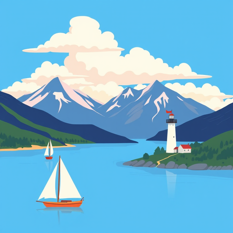 create a vibrant and minimalist illustration of a scenic landscape with mountains, a lighthouse by a river, sailboats, and fluffy clouds on a bright blue background