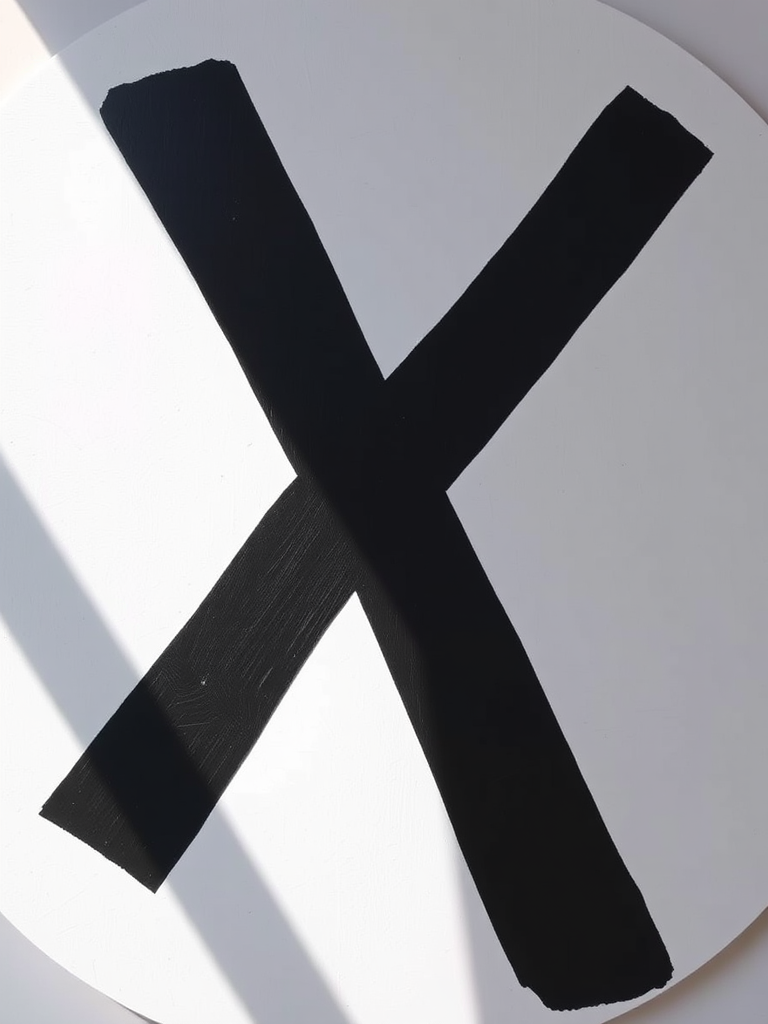 Create an image of a bold black "X" on a white circular background, shot with a DSLR camera, 50mm lens at f/2.8, ISO 100, in natural light for clarity and high contrast.