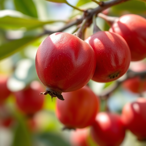 Close-up of ripe jujube fruits hanging from branches, natural lighting, shallow depth of field, 50mm lens, f/1.8 aperture, ISO 200, shot with a DSLR to enhance image clarity and color contrast.