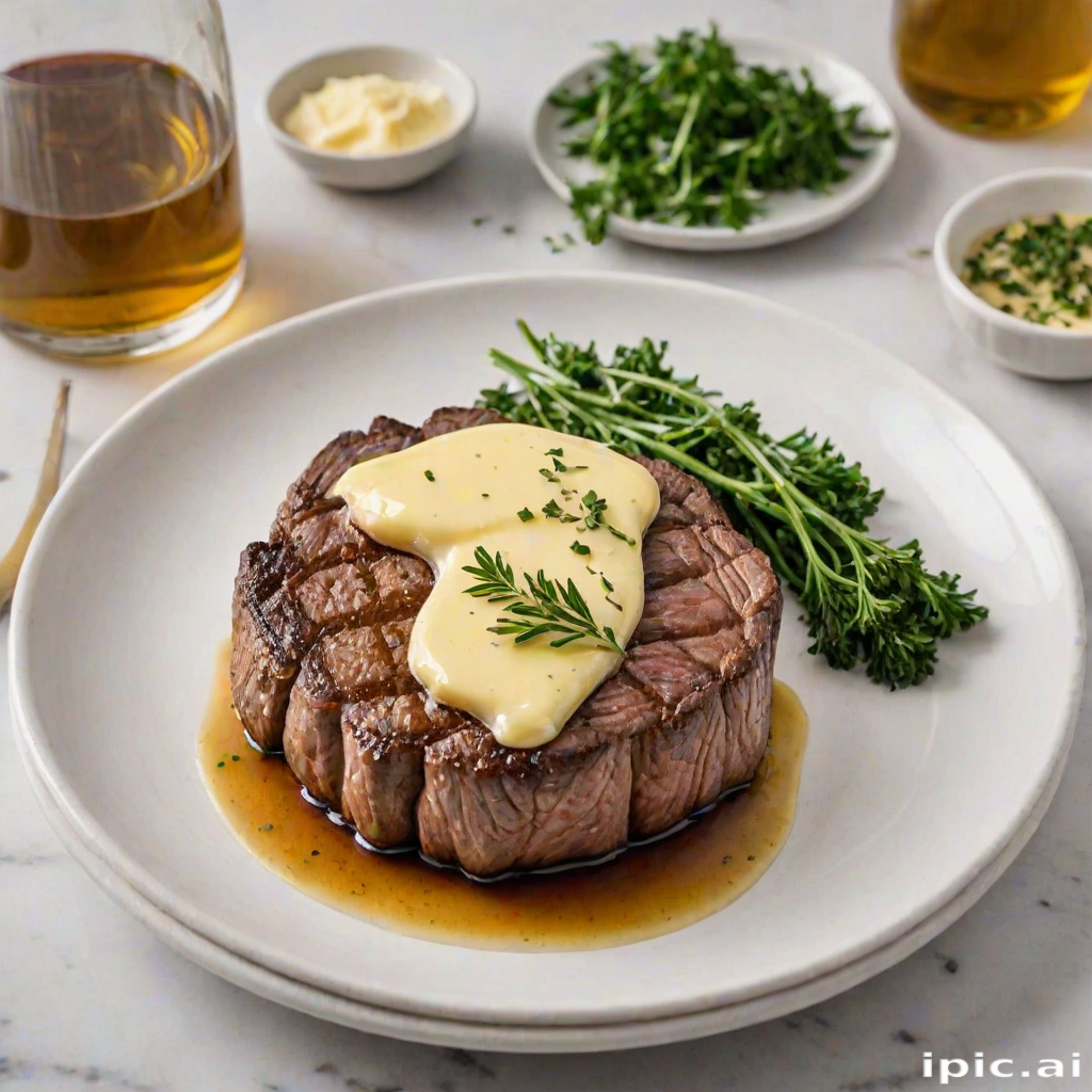 Create an image of a perfectly seared ribeye steak, resting on a white plate with a pat of melting butter on top. The steak is seasoned with fresh herbs like thyme and parsley, with glistening juices highlighting the texture of the meat. The background features a soft focus on a light, marble countertop, with a small dish of butter and an olive oil bottle in the distance. The overall mood should be warm and inviting, capturing the deliciousness and juiciness of the steak.