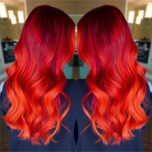 Fiery ombre locks transitioning from deep crimson roots to brilliant orange tips, reminiscent of a blazing sunset, dubbed "Phoenix Rising"