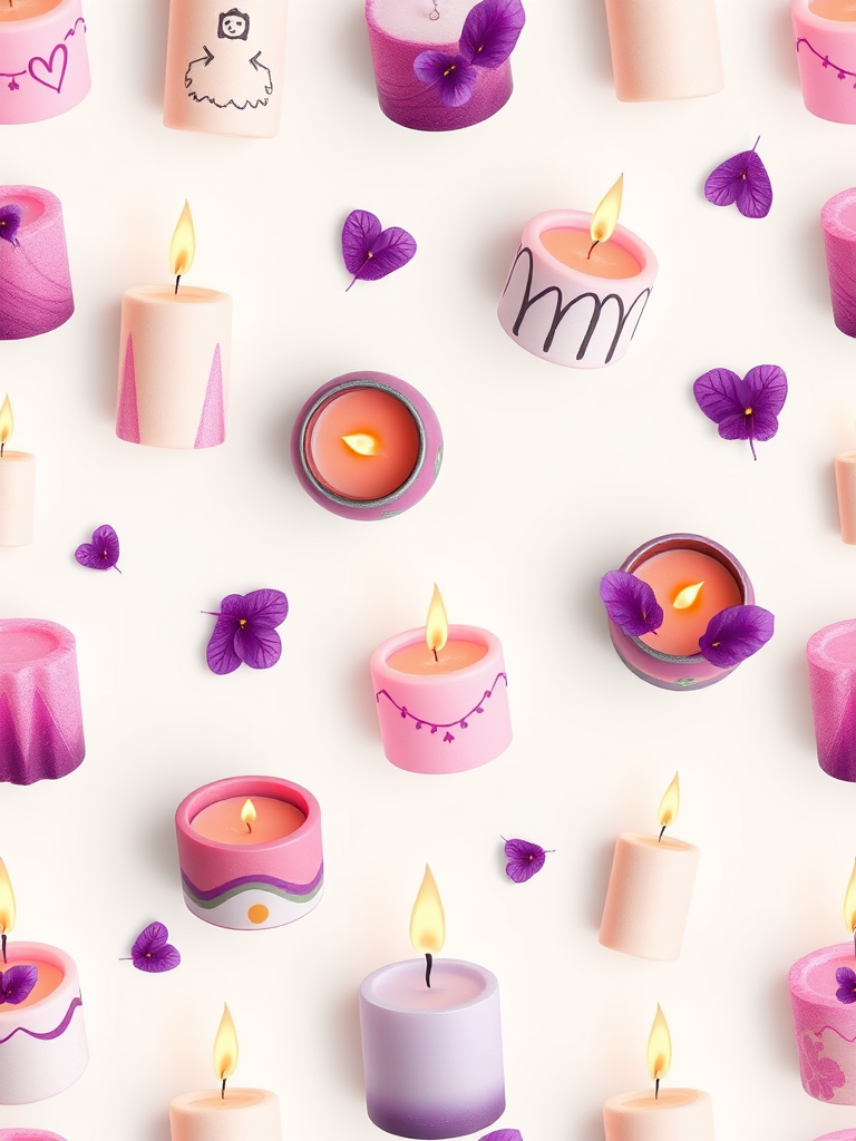 Create a seamless pattern of various candle designs on a white background, with some candles featuring purple elements, captured with a high-quality DSLR camera at 50mm lens, f/8 aperture, ISO 100, top-down view, in vector style for enhanced image clarity and detail.