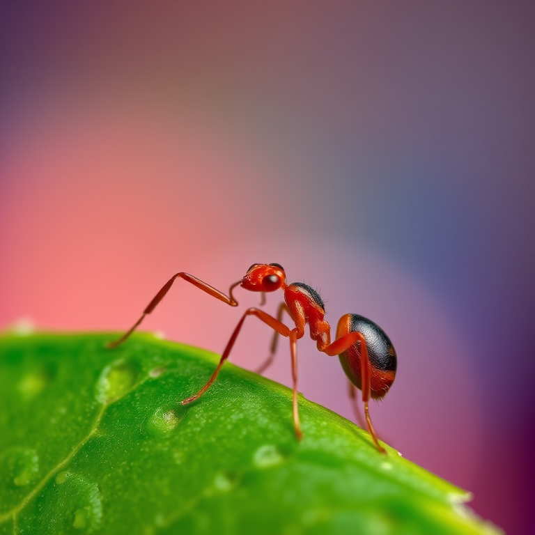 macro photograph of an ant on a leaf with a blurred colorful background, f/8 aperture, 1/200 sec shutter speed, ISO 100, Canon EOS 90D, 100mm macro lens, natural light