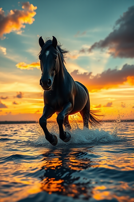 A majestic black horse running through water at sunset, dramatic clouds in the background, captured with a Canon EOS R5, 50mm f/1.2 lens, ISO 100, aperture f/2.8, shutter speed 1/500s, low angle view, HDR photography style to enhance colors and details.