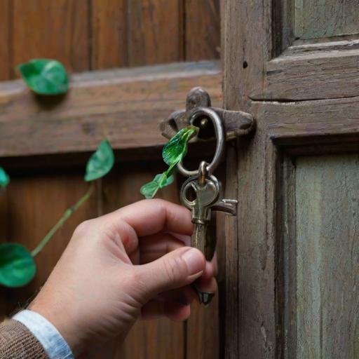 Softly lit, close-up of a hand holding a vintage key in front of an old wooden door, the intricate details of the metal key catching soft light, with ivy-covered bricks barely visible in the background.