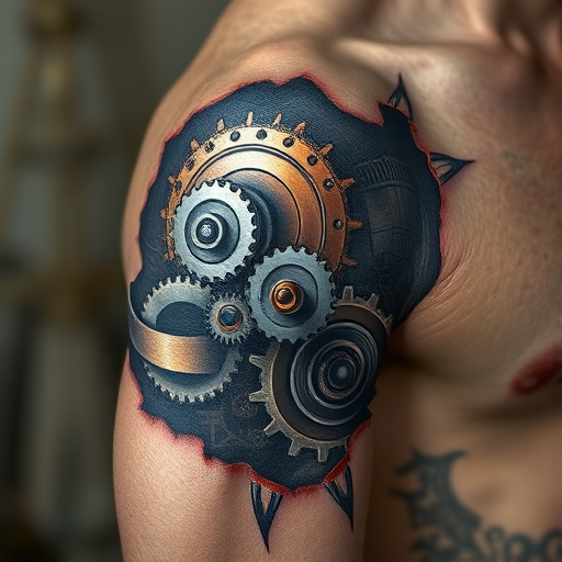 Biomechanical tattoo extending from shoulder to elbow, revealing hyper-realistic mechanical gears and pistons beneath torn skin in metallic silver and copper tones