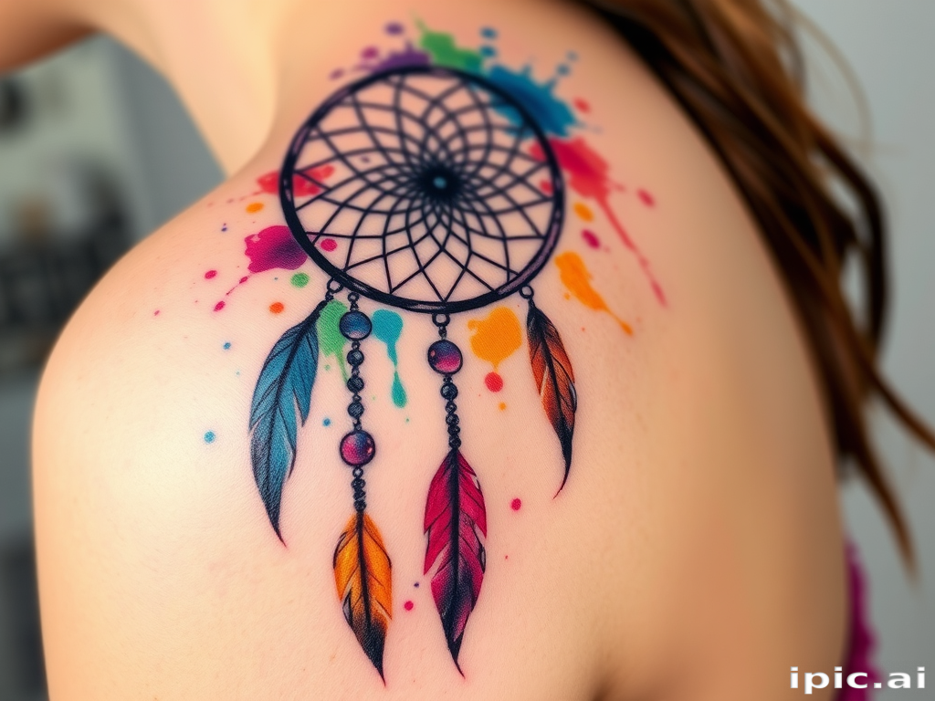 Abstract watercolor tattoo of a dreamcatcher on the shoulder, with splashes of vibrant colors blending seamlessly into feathers and beads
