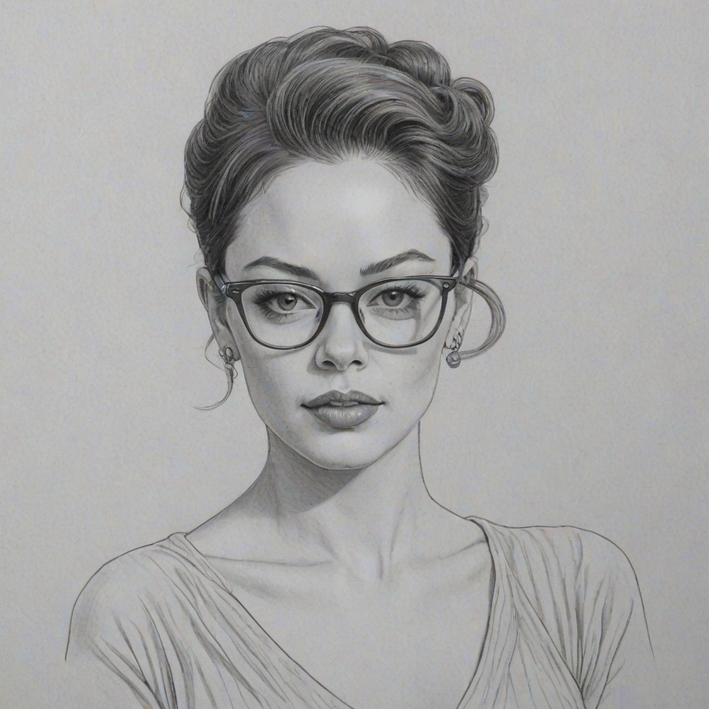 Charming Rose McGowan, pencil sketch, portrait of Comely woman 1950s in glasses, hair style beatnik, outline, clear lines, fine lines, 8k