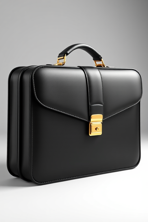 create a 3D rendering of a black briefcase with a shiny gold clasp, focus on a sleek design, use a DSLR camera with a 50mm lens, aperture f/2.8, ISO 100, shot from a slightly elevated angle to enhance depth and detail, soft lighting for a professional look.