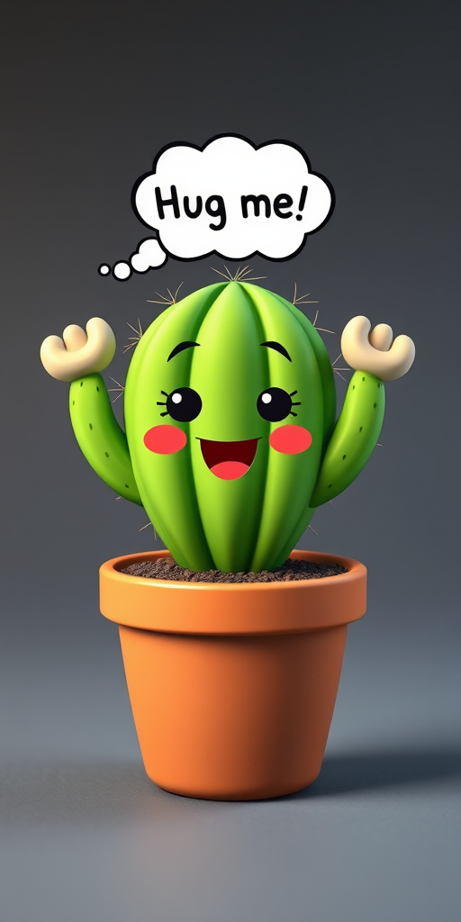 Generate a cute cartoon cactus character in a pot with a happy face and arms raised, thought bubble saying "Hug me!" with bright colors and smooth lines, using a DSLR camera, aperture f/2.8, shutter speed 1/60, ISO 100, and a wide-angle lens for a vibrant and clear image.