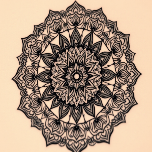 Ornate mandala tattoo called "Sacred Symmetry" showcasing intricate patterns radiating from a central point with delicate dotwork shading and precise geometric shapes
