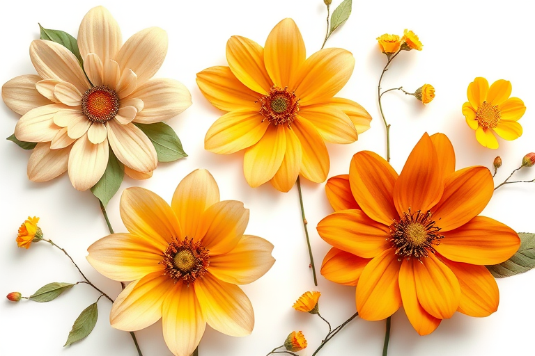 Create a high-resolution illustration of abstract flowers with a minimalist style featuring a variety of colors such as beige, green, yellow, and orange on a white background, using a DSLR camera at f/8 aperture, ISO 100, and a 50mm lens for sharp details and vibrant colors, in an overhead view for a clean composition.