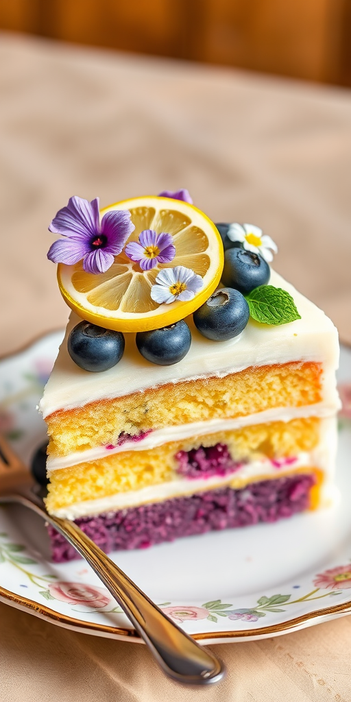 A beautifully layered slice of cake with yellow and purple sponge, creamy frosting, fresh blueberries, a lemon slice, and edible flowers on top, served on a decorative plate with a fork beside it.