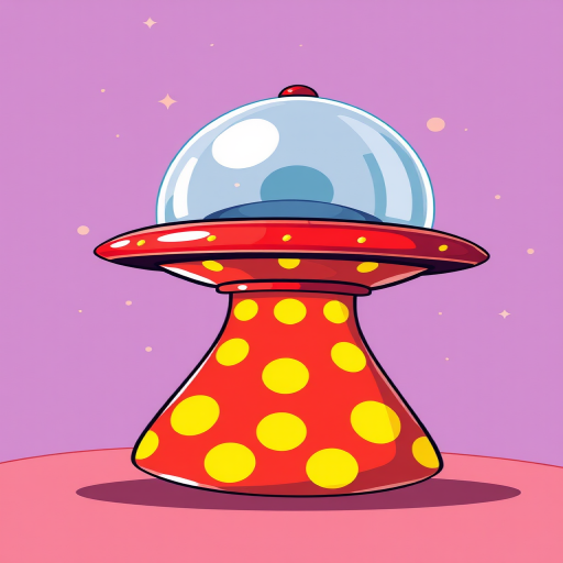 Create a vibrant illustration of a classic cartoon UFO with a red body and yellow polka dots, featuring a transparent dome on top, using a digital drawing style, high-resolution settings, wide-angle view, and soft lighting.