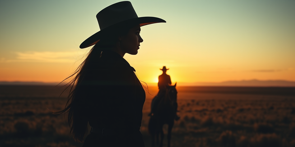 "Create a Double exposure", a silhouette "profile portrait of a young cowgirl" with long hair "superimposed" against a long shot of a cowgirl riding a horse across the plains, fantastic view, 32k, cinematic, hyper-realistic.