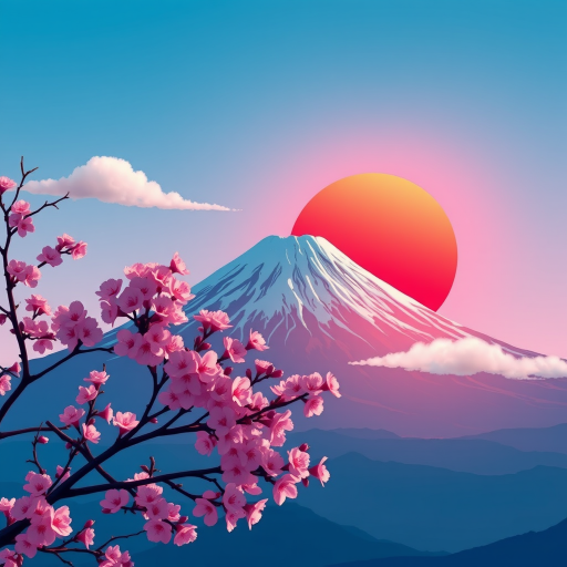 Create a vibrant illustration of Mount Fuji with a large red sun in the background, cherry blossom branches in the foreground, clear blue sky, soft white clouds, using a Canon EOS R5, f/8 aperture, ISO 100, 50mm lens, vibrant color palette, digital art style.
