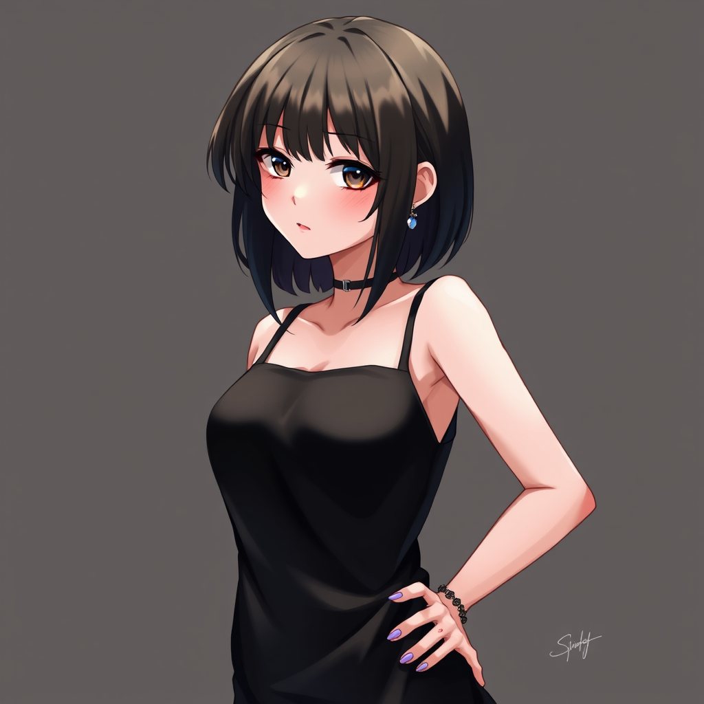 1girl,solo,black hair,jewelry,hand on hip,realistic,earrings,dress,black dress,looking at viewer,sleeveless,nail polish,black eyes,bangs,mole under eye,sleeveless dress,lips,black background,bracelet,upper body,