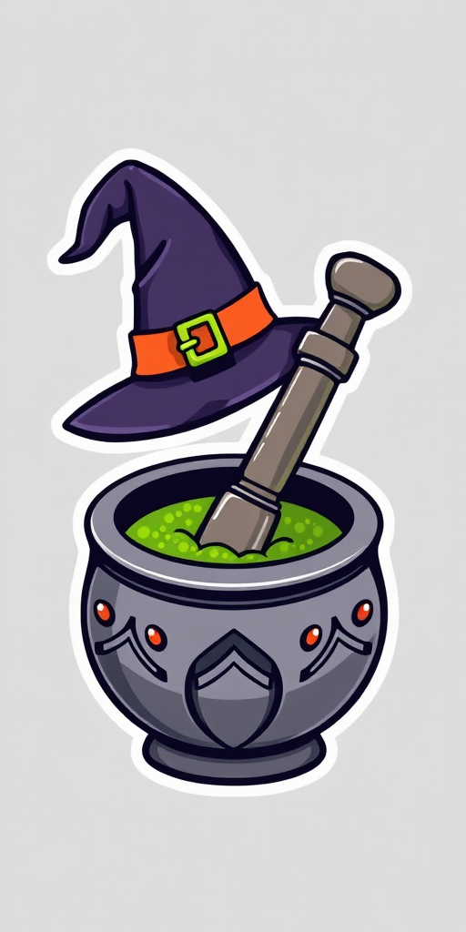 this photo is a kawaii Witch's spell ingredient mortar and pestle sticker, 3d digital art, grey background, sticker line weight