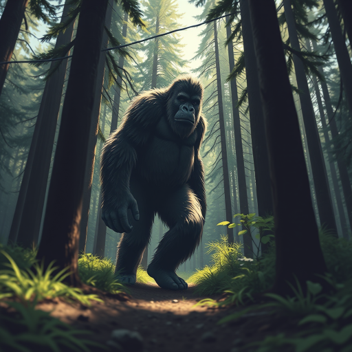 Create a highly detailed illustration of a Bigfoot walking through a dense forest, capturing a sense of mystery and intrigue, using a DSLR camera with a 50mm lens, aperture set to f/2.8 for a shallow depth of field, ISO 200, natural lighting, and a low angle view to emphasize the creature's size and presence.