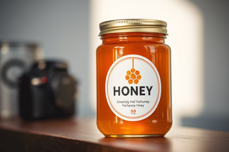 Generate a high-resolution image of a jar of honey with a clean white label featuring a honeycomb design, captured with a DSLR camera using a 50mm lens, aperture set at f/2.8, ISO 100, in natural light with a shallow depth of field.
