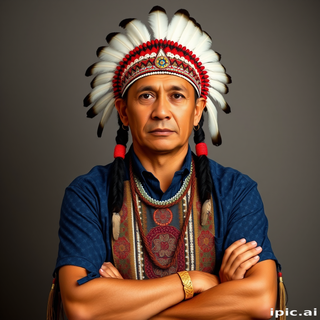 Create a dignified portrait of a Native American man dressed in traditional attire. He wears a beautifully crafted headdress adorned with white feathers and red beads, along with a beaded headband featuring intricate patterns. His clothing includes a deep blue, patterned shirt and a traditional chest piece with detailed beadwork. His arms are crossed, displaying leather armbands decorated with feathers. The background is simple and neutral, emphasizing his proud and stoic expression. The overall image captures the rich cultural heritage and strength of his persona.