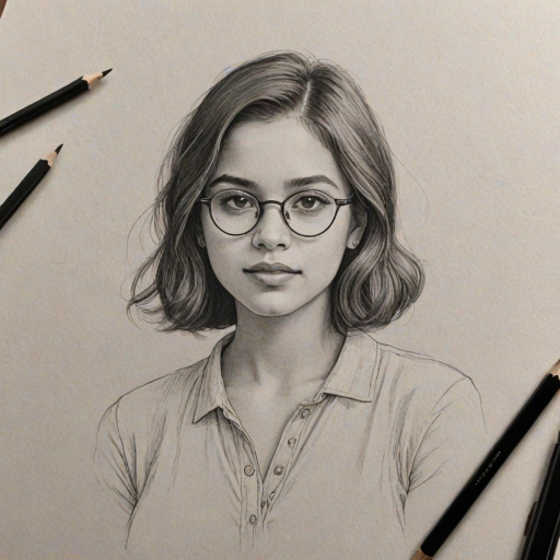 Lovely Isabela Moner, pencil sketch, portrait of Radiant woman 1922s in glasses, hair style beatnik, outline, clear lines, fine lines, 8k
