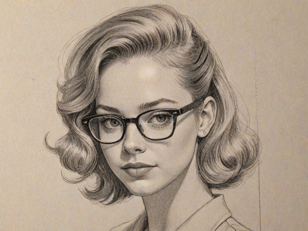 Wonderful Sydney Sweeney, pencil sketch, portrait of Bewitching woman 1941s in glasses, hair style beatnik, outline, clear lines, fine lines, 8k