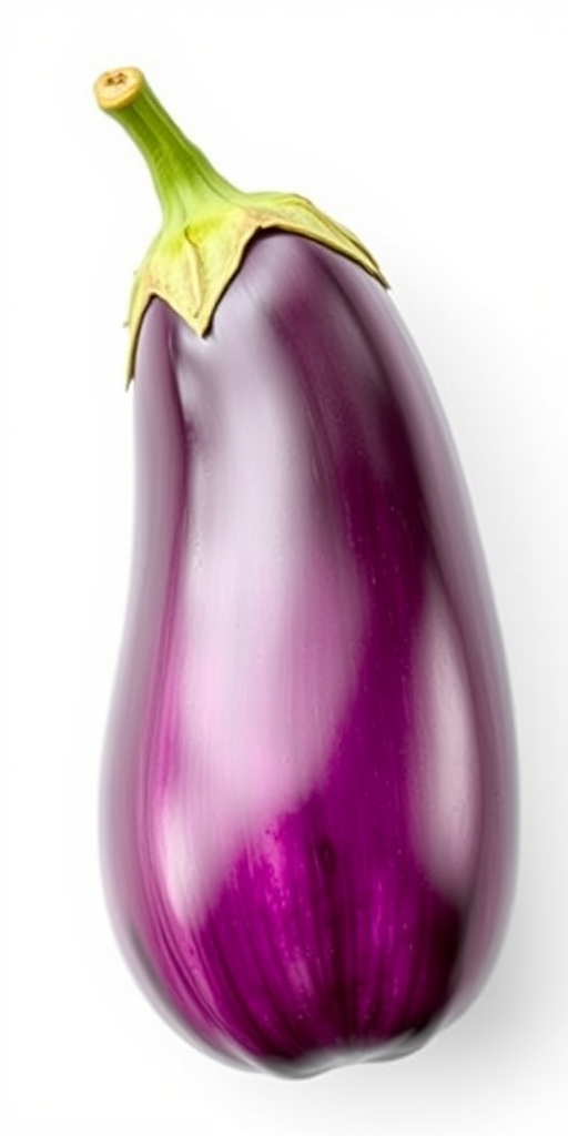 Create a high-resolution image of a realistic eggplant on a plain white background, using a DSLR camera with a 50mm lens, aperture set to f/2.8, ISO 100, and a soft natural light source from the side to enhance texture and detail.