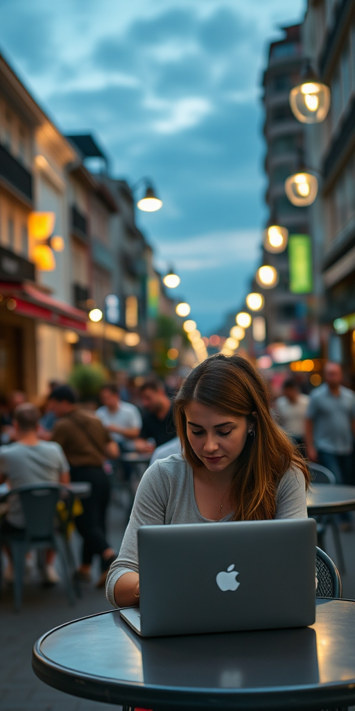 Busy urban cafe at dusk, the streetlights just beginning to come on, a woman sits at an outdoor table, her laptop open as she types away, lost in her work.