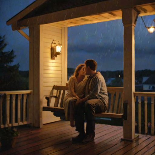 Warmly lit image of a couple sitting on a porch swing, watching a summer storm roll in, soft glow from nearby lanterns casting warm shadows, with the smell of rain in the air.