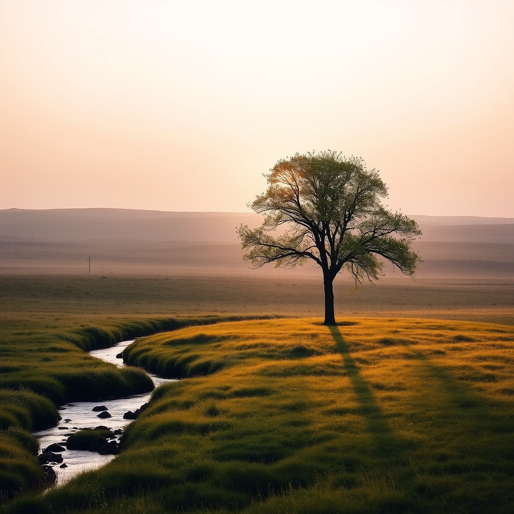 Capture a serene landscape at dawn featuring a solitary tree in an open field, soft light illuminating the grass, with a gentle stream running nearby, use a Canon EOS R5, 24mm lens, aperture f/8, ISO 100, shutter speed 1/60 sec, shot in landscape orientation.