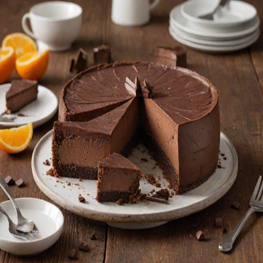 Create an image of a rich chocolate cheesecake with a smooth texture. The cake should be garnished with orange slices and chocolate pieces on top. Display it on a rustic wooden cake stand, with a few slices served on white plates beside it. The background should be soft and neutral to highlight the dessert.