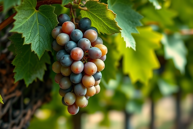 Capture a close-up image of ripe grapes hanging from a vine surrounded by vibrant green leaves, using a DSLR camera with a 50mm lens, aperture set at f/2.8 for a shallow depth of field, shutter speed at 1/200s, ISO 100, natural lighting, and focus on the grapes with a soft bokeh background.