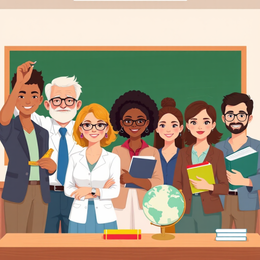 Illustration of six diverse teachers in a classroom setting, one holding a pointer in front of a chalkboard, another with tools like a protractor and ruler, a third with a globe, and two more with books, with a clean, flat design style, well-lit, high-resolution, shot with a Canon EOS R5 at f/8, ISO 100, 50mm lens for sharp focus and vivid colors.