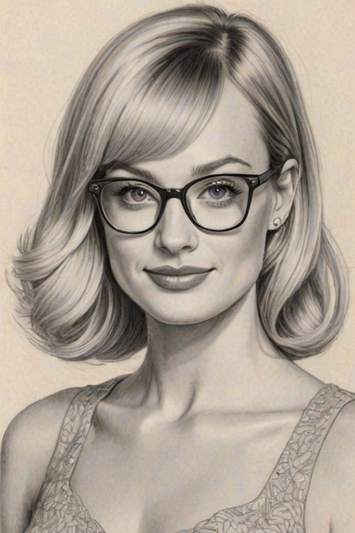 Comely Beth Behrs, pencil sketch, portrait of Enchanting woman 1960s in glasses, hair style beatnik, outline, clear lines, fine lines, 8k