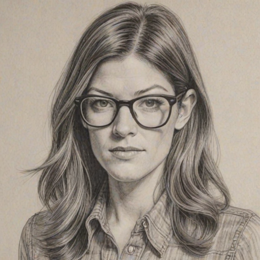 Lovely Jennifer Carpenter, pencil sketch, portrait of Appealing woman 1976s in glasses, hair style beatnik, outline, clear lines, fine lines, 8k
