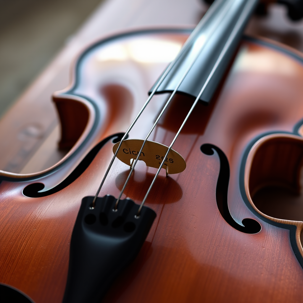 Create a high-resolution image of a violin with a glossy finish and accurate wood grain texture, captured with a Canon EOS R5, 50mm lens, f/2.8 aperture, ISO 100, in natural lighting with a soft focus background to enhance the subject.