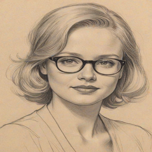 Splendid Lauren Potter, pencil sketch, portrait of Radiant woman 1935s in glasses, hair style beatnik, outline, clear lines, fine lines, 8k
