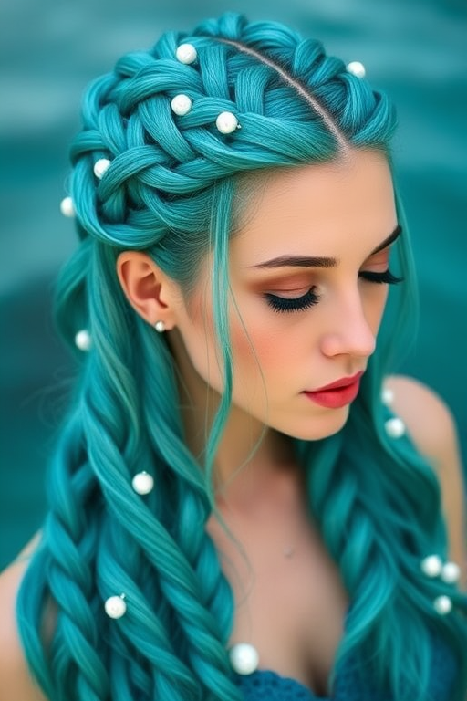 Mesmerizing teal mermaid braids, known as "Ocean Empress," incorporate intricate plaits and waves reminiscent of the sea, adorned with pearlescent accents