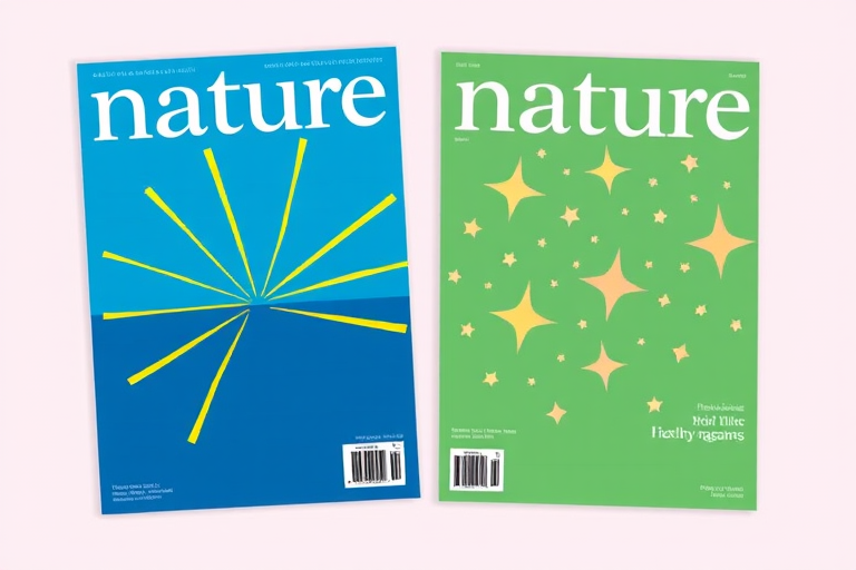 Create a high-resolution vector illustration of two magazine covers titled "natur," one with a blue background featuring yellow stylized rays and the other with a green background displaying pastel-colored stars, using a Canon EOS R5 camera at f/8 aperture, ISO 100, and 24mm focal length for clarity and vibrant colors.