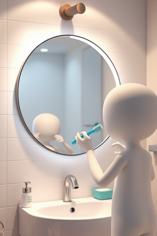 3D animated character brushing teeth in front of a modern round mirror above a sink, well-lit bathroom setting, high-resolution, 50mm lens, f/2.8 aperture, ISO 200, soft focus background, 3-point lighting setup.