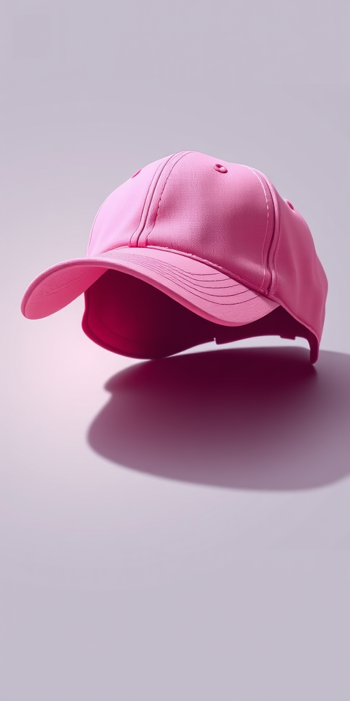 Create a high-resolution vector illustration of a pink baseball cap from a slightly elevated angle, with soft shadowing and a glossy finish to enhance details, using a DSLR camera with a 50mm lens, aperture f/2.8, ISO 100, and a shallow depth of field for a professional look.