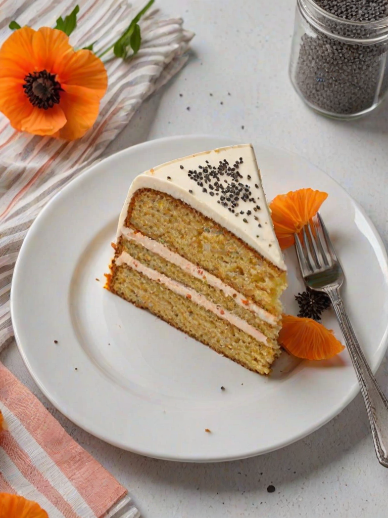 Generate an image of a slice of cake on a white plate. The cake should have a light texture with visible poppy seeds and be decorated with orange frosting. Include some orange slices on the side and place the plate on a light striped cloth.