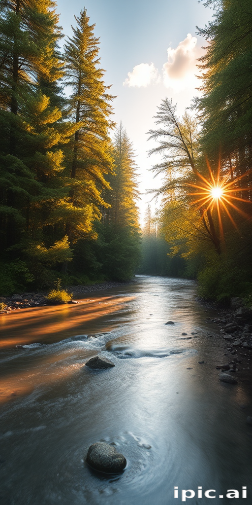 Create an image of a serene, sunlit forest scene with a clear, gently flowing river. Tall trees with lush green foliage line both sides of the river, their leaves bathed in the warm golden light of the setting or rising sun. The sunlight filters through the trees, casting soft, dappled light on the river, which flows over smooth rocks and pebbles, creating a peaceful, natural atmosphere. The sky is bright with a few scattered clouds, and the overall mood is tranquil, evoking a deep sense of connection with nature. The image captures the beauty of a calm, pristine forest landscape at either dawn or dusk.