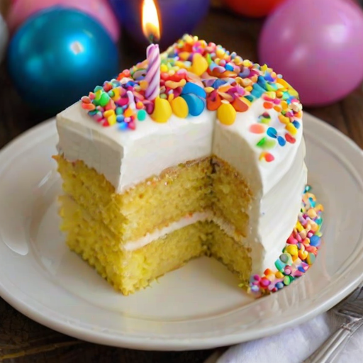 Generate an image of a slice of yellow cake with three layers, topped with white frosting and colorful sprinkles. The cake should be on a decorative white plate, with a fork beside it. Include a small dollop of whipped cream next to the cake and a few birthday candles in the background. The setting should have a festive atmosphere, with hints of colorful decorations.