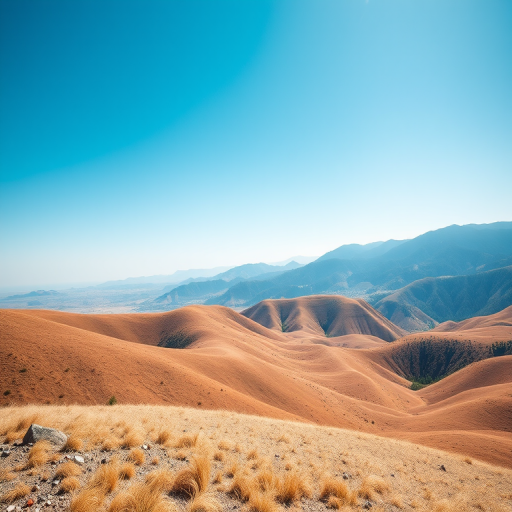 Create an image of a serene landscape featuring rolling hills and a clear blue sky, taken with a DSLR camera at ISO 100, aperture f/8, shutter speed 1/125s, using a wide-angle lens, from an elevated viewpoint, in natural lighting for enhanced image quality.